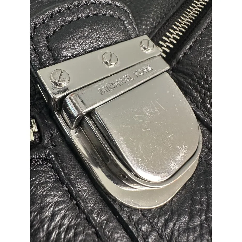 Michael Kors Black Pebbled Leather Hobo Shoulder Bag Silver Hardware MK Charm